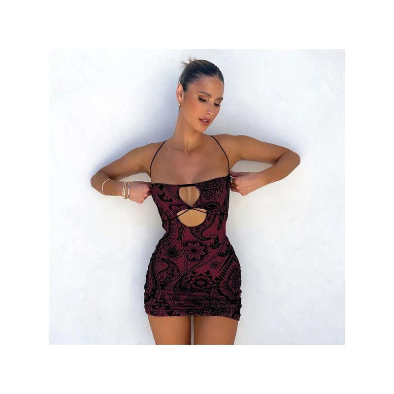 Western Style Ins Gyaru Retro Print Hollow-out Sexy Sling Dress Women Slim Fit Slimming Sheath Short Skirt