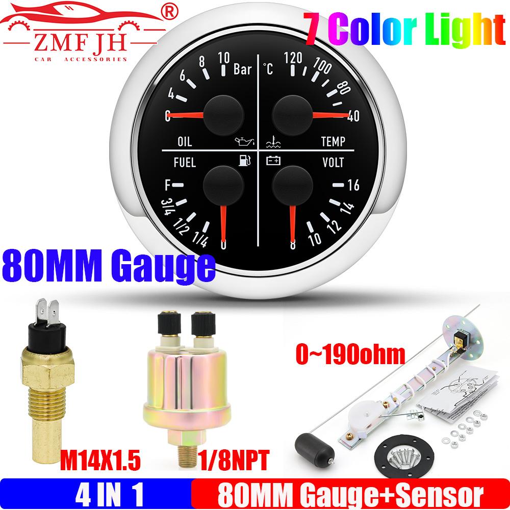ZMFJH 7 Color LED 80MM Gauge Multifunctional Water Temp+Oil Pressure+Fuel Level Gauge+Voltage with 0-190ohm Oil Float Sensor 12V M14X1.5 BS