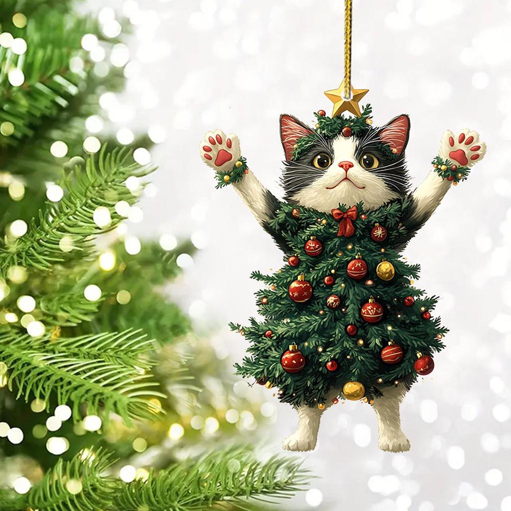 Xmas Tree Kitten Pendants 2D Acrylic DIY Christmas Tree Hanging Ornament Navidad New Year Party Home Festival Decoration