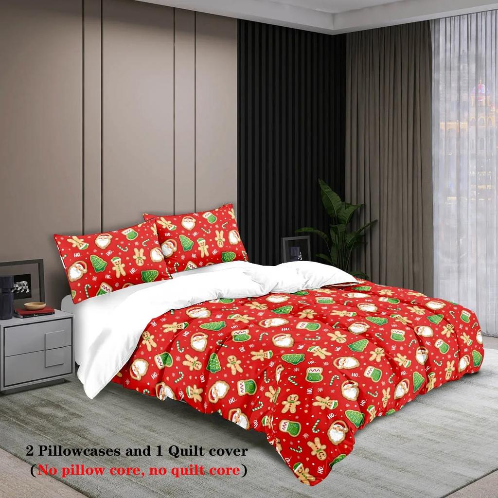 3Pcs red Christmas theme print quilt cover featuring pilowcases, no filing, skin-friendly, warm machine washable beding set decor