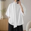Summer Men Tie Neck 3/4 Sleeve Texture Casual Loose Oversized T-shirts Tops