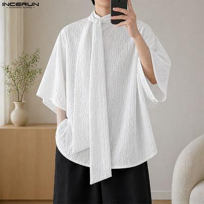 Summer Men Tie Neck 3/4 Sleeve Texture Casual Loose Oversized T-shirts Tops