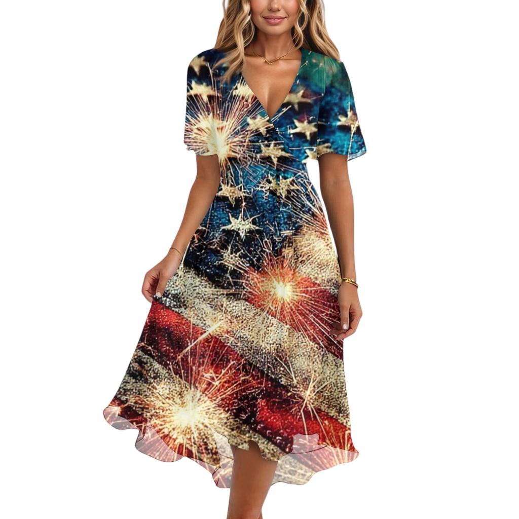 Women's Fashionable Casual V-neck Short-sleeved Independence Day Printed Dress