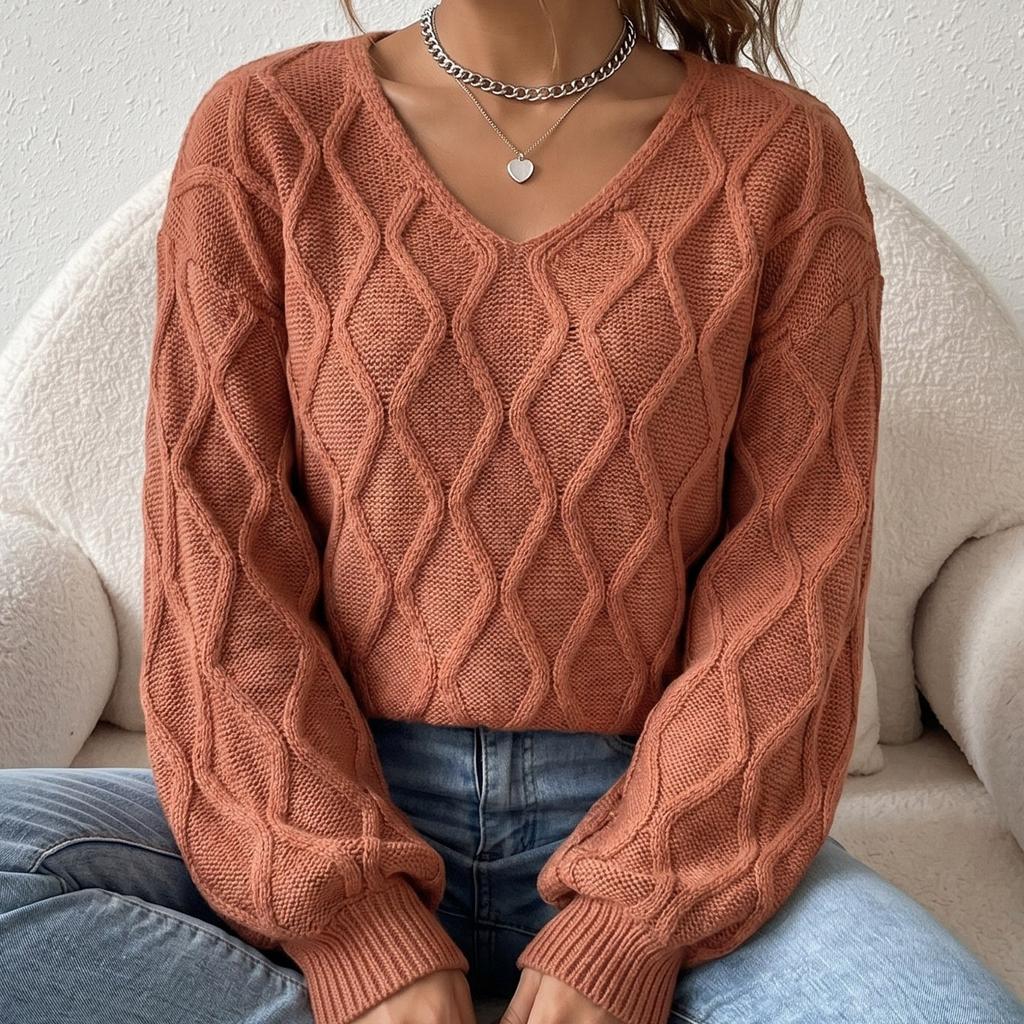 New 2026 popular bottoming shirt V-neck loose and thin cross-border fashion sweater woven twist rhombus sweater