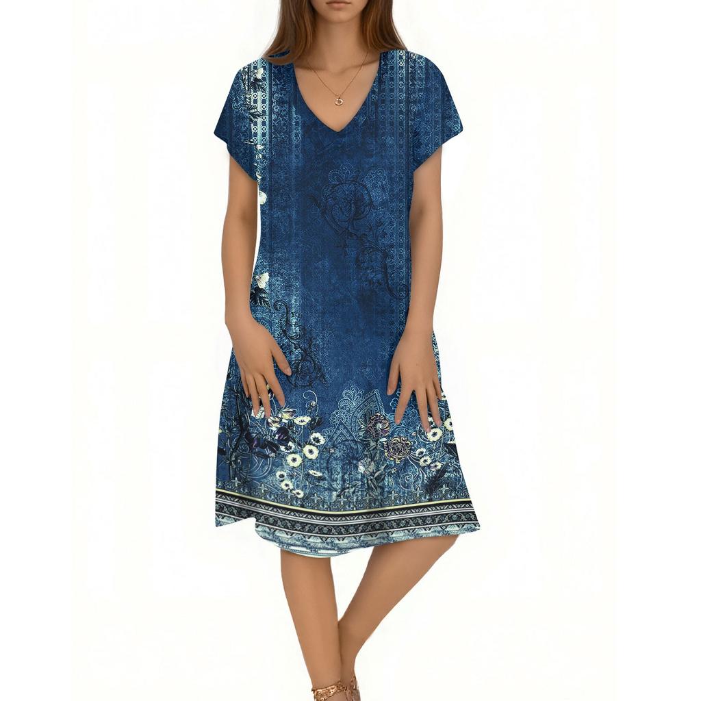 Women's Casual Fashion V-Neck Short Sleeve Floral Print Midi Flowing Dress