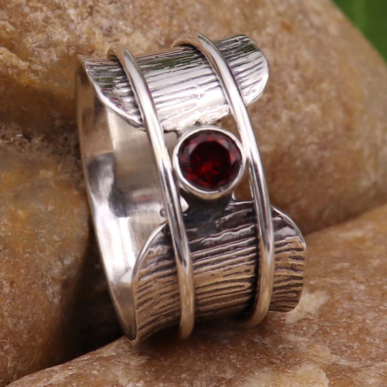 Garnet Spinner Ring, 925 Sterling Silver Ring, Meditation Ring, Gemstone Ring, Handmade Ring, Silver Ring, Spinner Ring, Gift For Her, Party Wear Gift