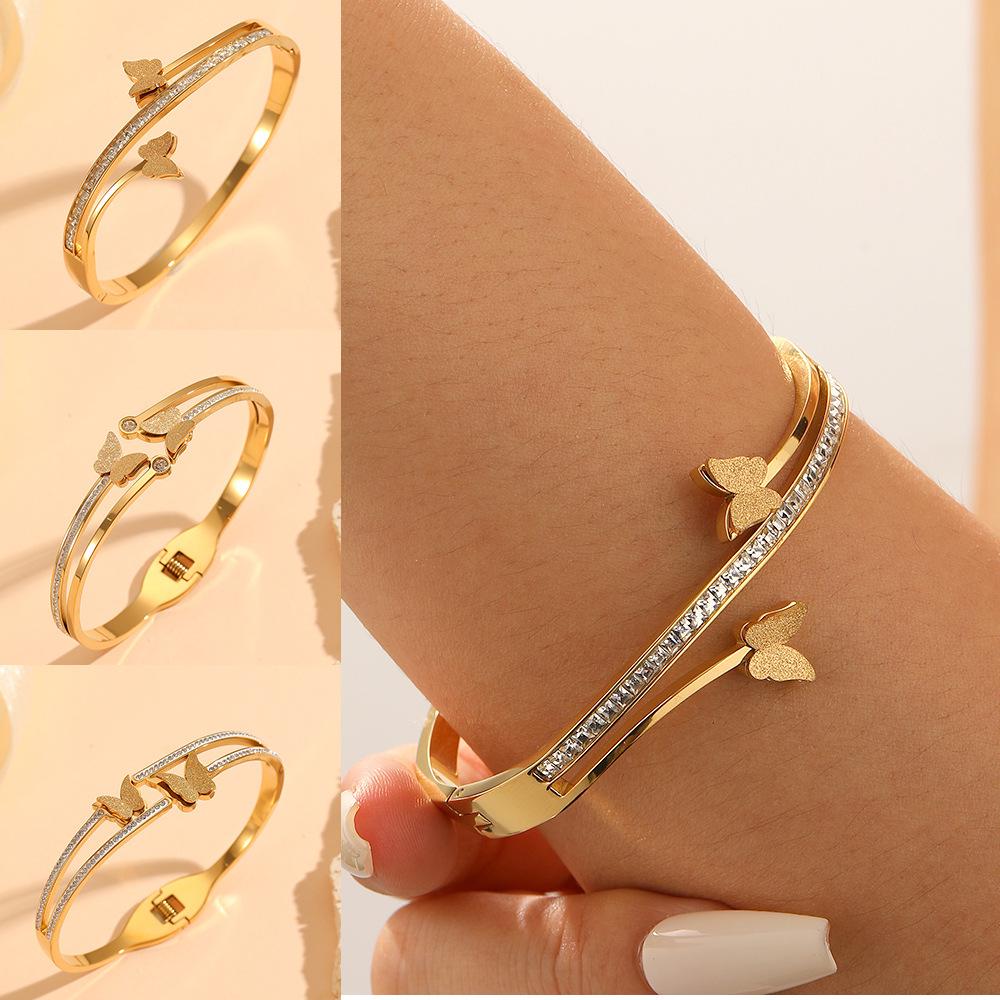 Titanium Steel Gold Butterfly Bracelet: Versatile, Light Luxury Double-Layer with Diamonds for Women.