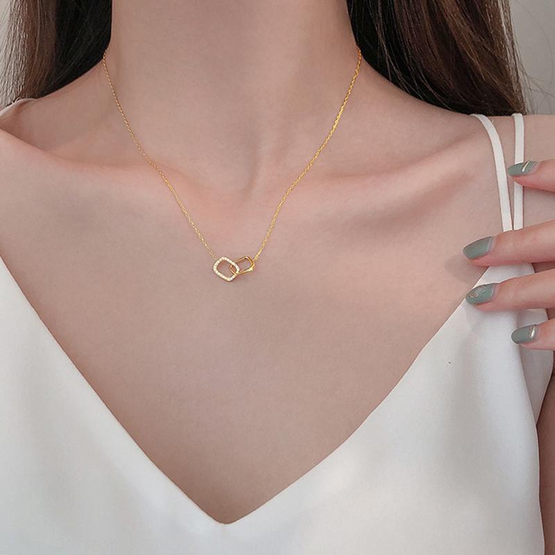 New S925 Silver Zircon Double Circle Pendant Necklace Women Minimalist Dainty Choker Chain Fine Jewelry Fashion