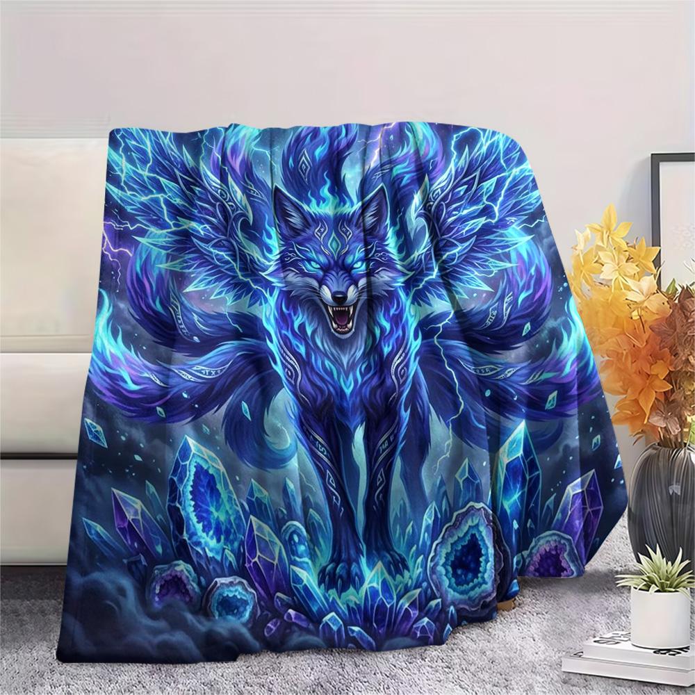 1Pc Nine-tailed Fox Print Flannel Blanket, High Quality Comfortable for All Seasons, Home Decor, Warmth and Comfort, Perfect for Christmas Gifts