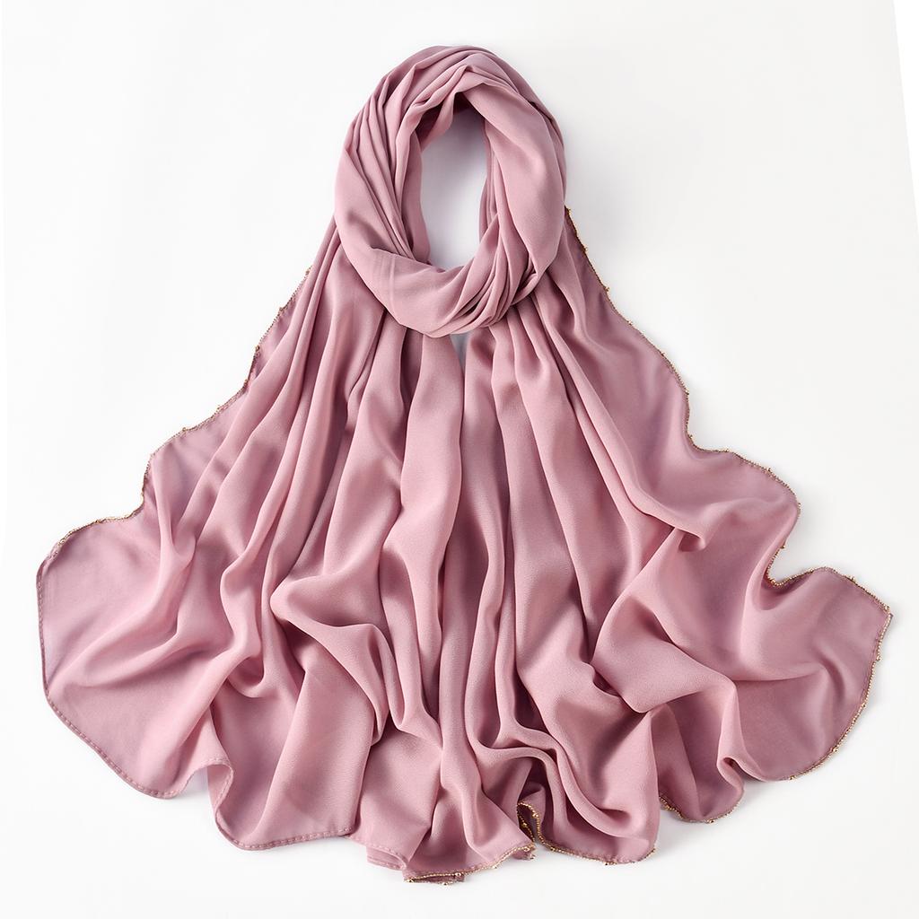 Muslim Chiffon Hijab Women Glitter Chain Edge Premium Chiffon Scarf Solid Color Plain Shawl Unique Edge Design Headscarf Wraps