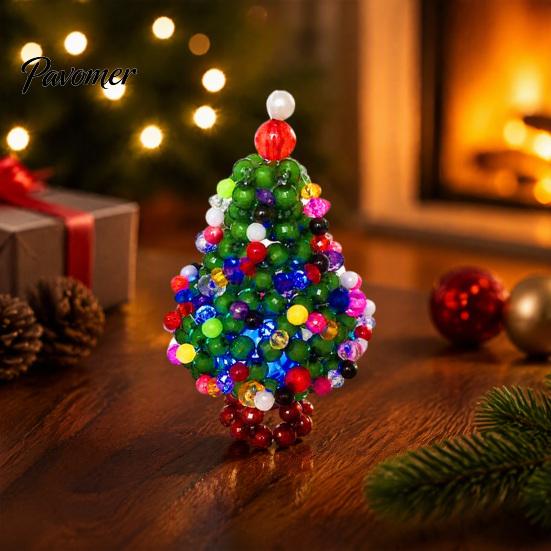 Decorative Holiday Charms Handmade Beaded Christmas Tree Ornament, Sparkly Crystal Bead Mini Art for Holidays Tabletop Decor, Hand-Woven Xmas Desktop