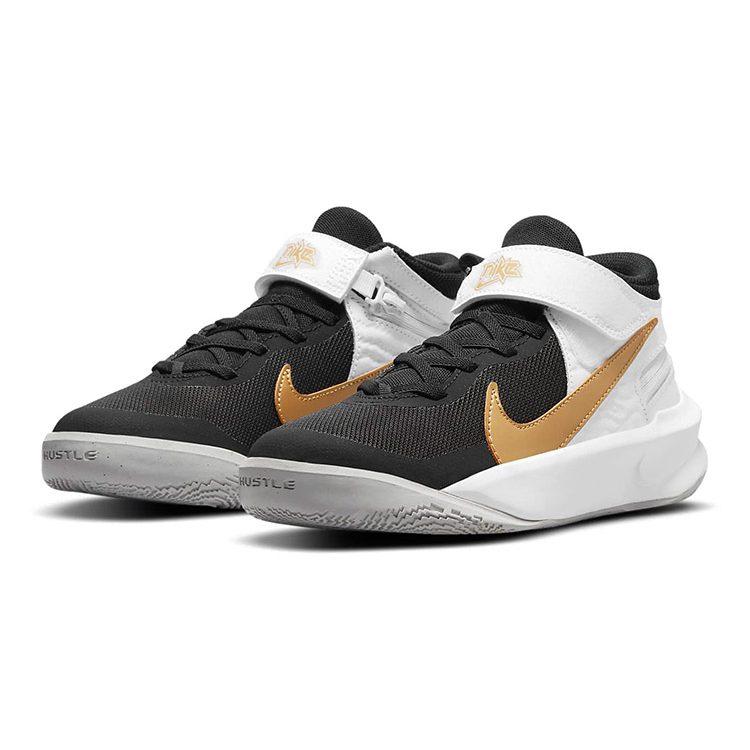 Nike Team Hustle D 10 Flyease Slip Resistant Cushioning Abrasion Resistant Mid top Basketball Shoes Black White Gold DD7303-002