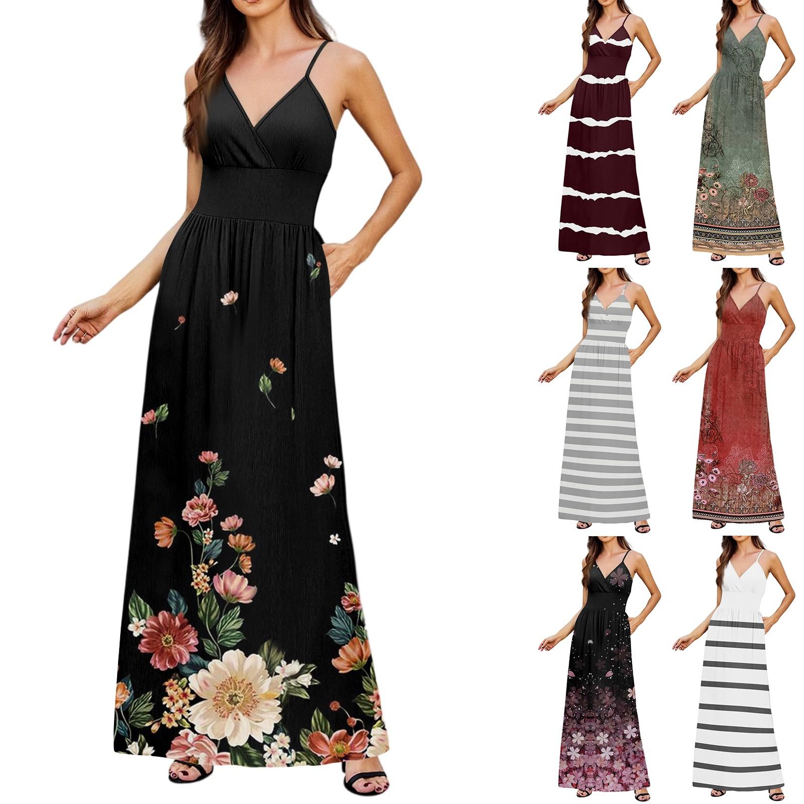 

Women s Casual Knitted Cotton Floral Stripe Printed Suspender Dress L чёрный