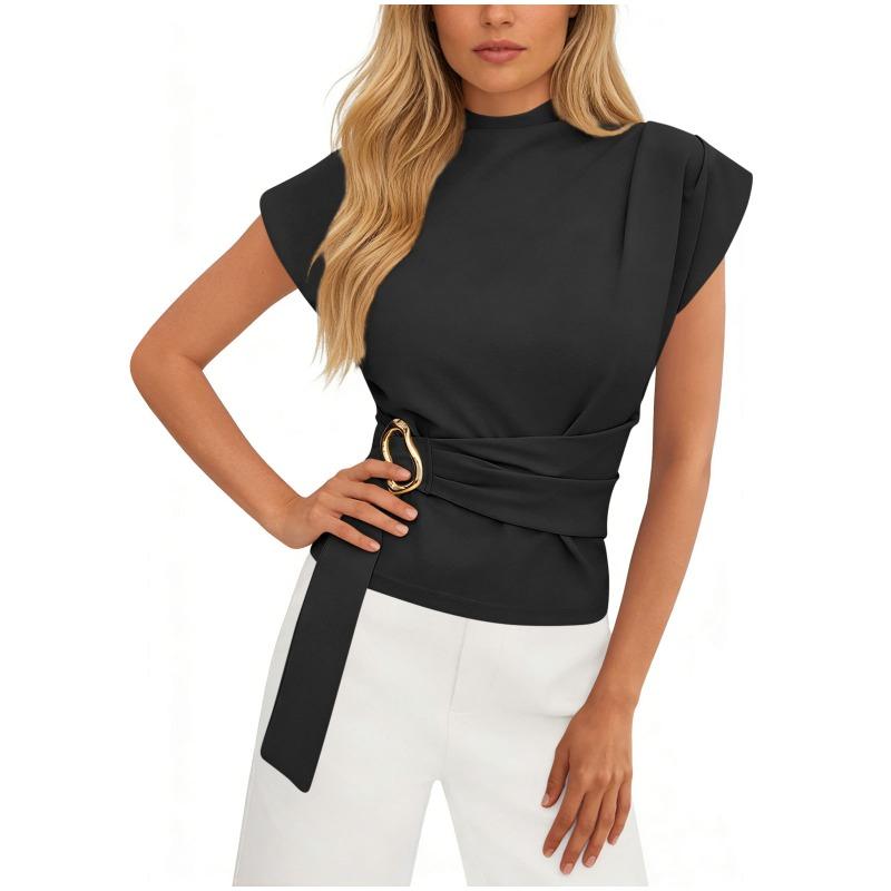 Summer New Style Fashionable Simple Half Turtleneck Short-sleeved T-shirt with Waist Design for Women's Tops