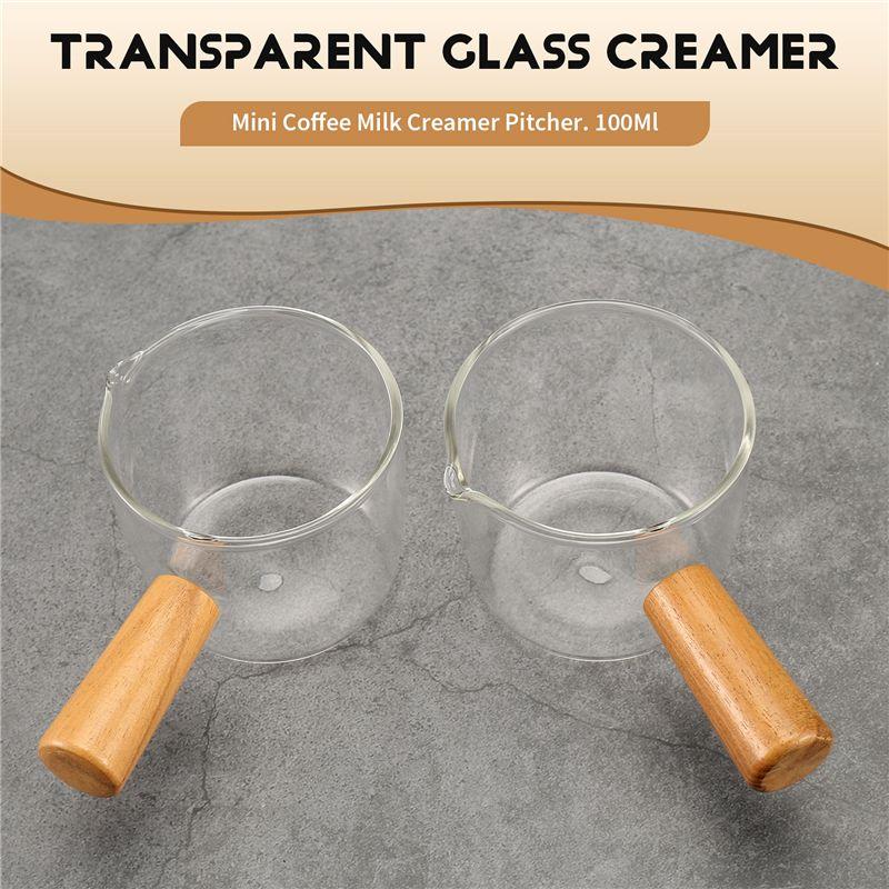 HOT 2PCS Transparent Glass Creamer With Wooden Handle, Mini Coffee Milk Creamer Pitcher~Jul.