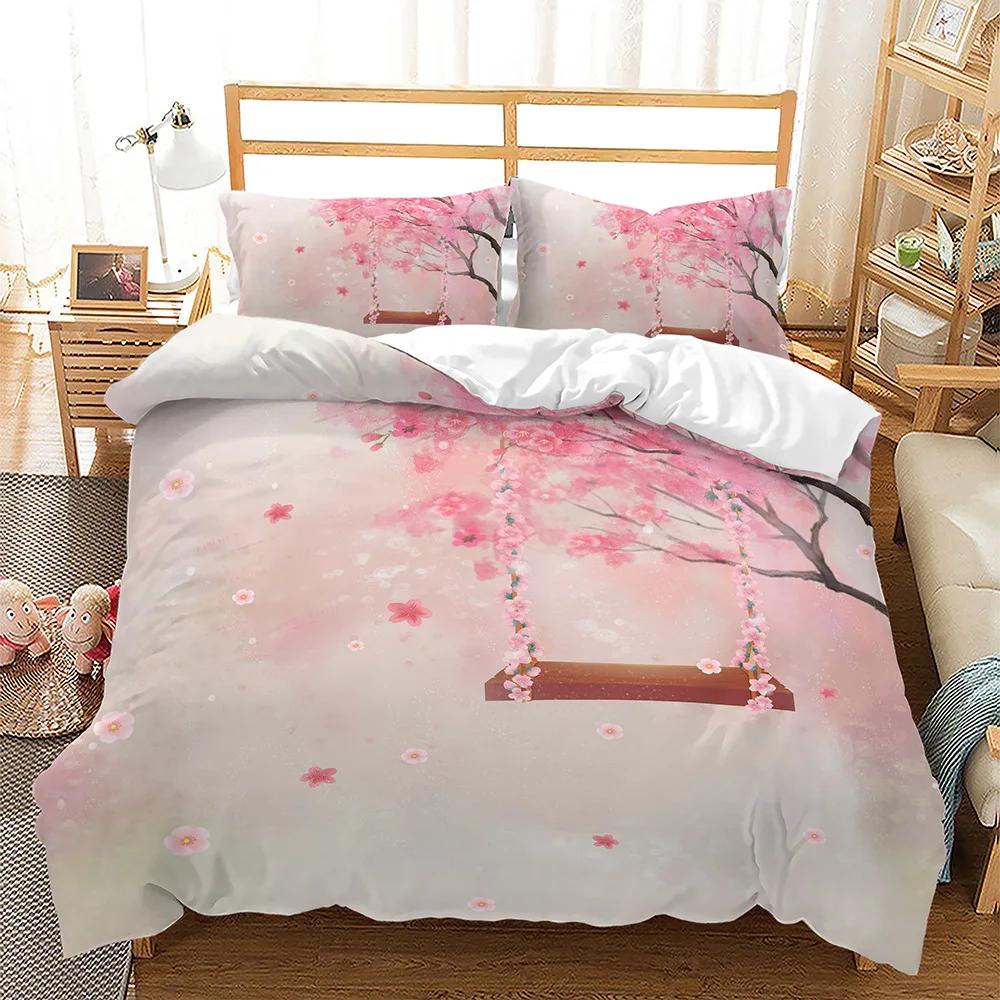 Spring Flowers King Queen Duvet Cover Pink Sakura Bedding Set Girls Cherry Blossoms Quilt Cover Floral Polyester Comforter Cover