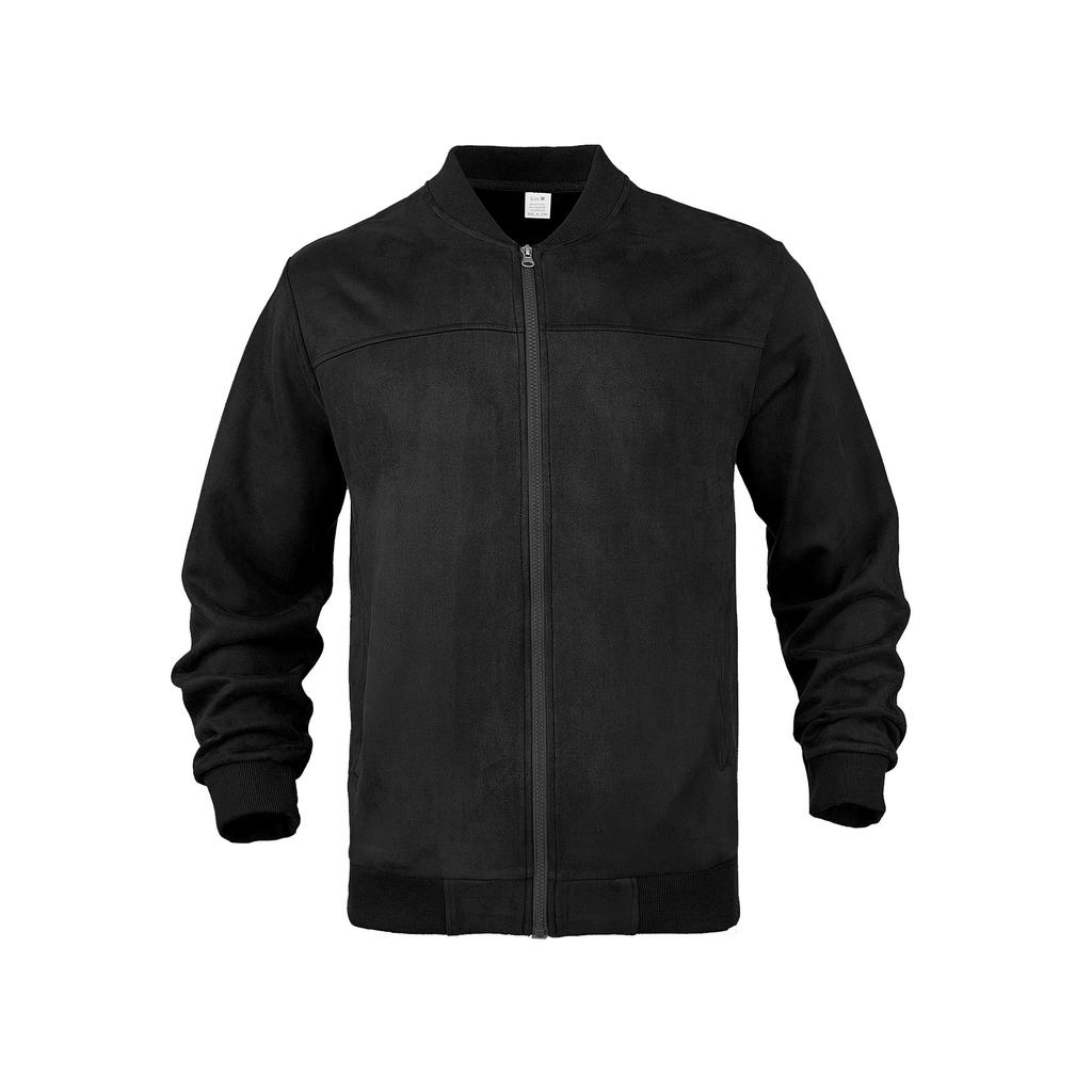 Men Faux Suede Bomber Jacket Stand Collar Full Zip Up Long Sleeve Solid Color Casual Outerwear Fall Daily Streetwear Coat