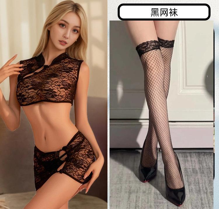 Sexy Underwear Women's Sexy Classical Cheongsam Stand-up Collar Retro Disc Buckle Split Temptation Teasing Lace Perspective Style