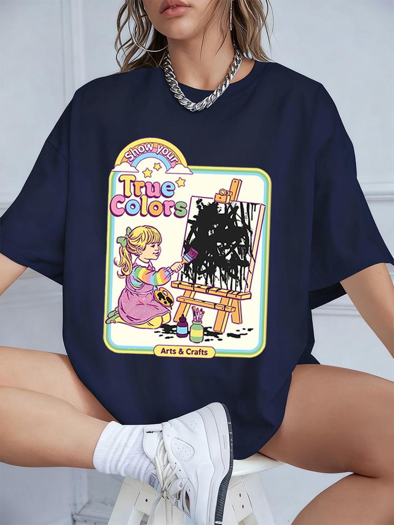 True Colors Funny Comic Printing TShirts Womens Summer Cotton Short Sleeve T Shirt Loose ONeck Soft Tops Casual Womans Clothes