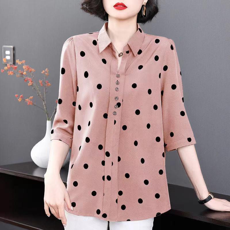 Women's Spring Autumn Thin Section Four Season Collection Plus Size Polka Dot Shirt Lapel Button Section Medium Sleeved Sunscreen Blouse