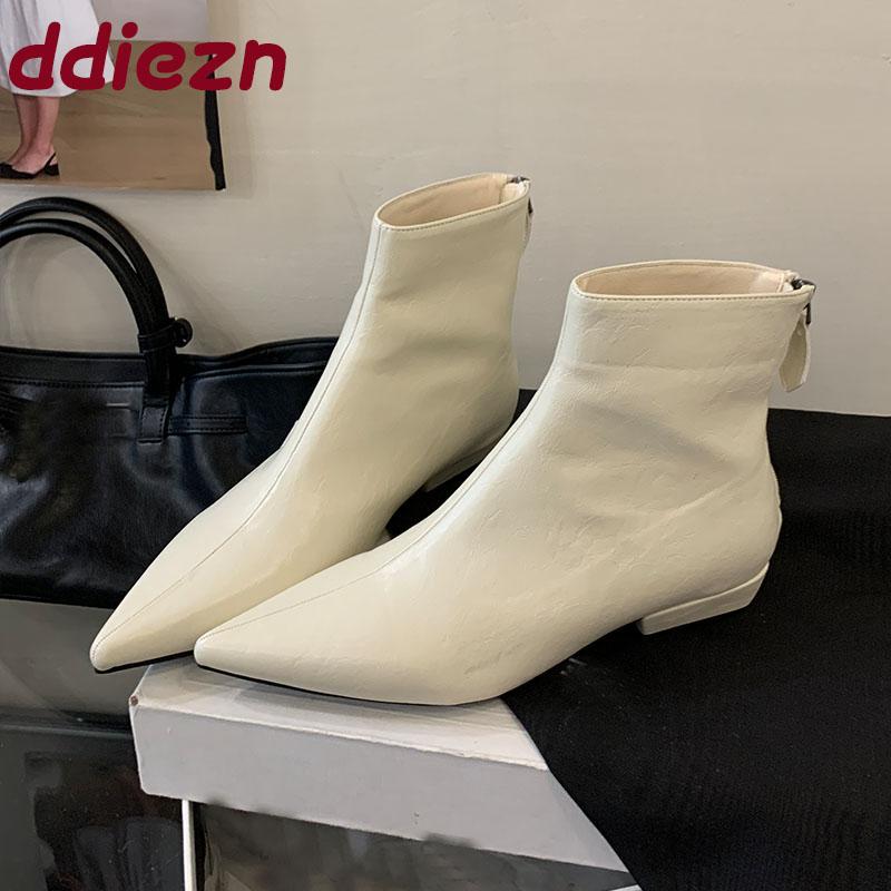 Módní dámské kotníkové strečové boty na nízkém podpatku se zipy Boty Módní špičaté dámské moderní krátké boty Boty