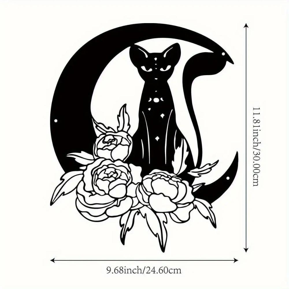

Gothic Black Cat Moon Wall Decor, Elegant Metal Ornament Floral Accents, Indoor Outdoor Hanging Sculpture for Courtyard Office, Gift for Cat Lovers 12in чорний