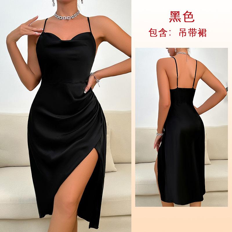 European and American sexy swinging collar women s pajamas long solid color sleeveless suspender skirt loungewear 638 S