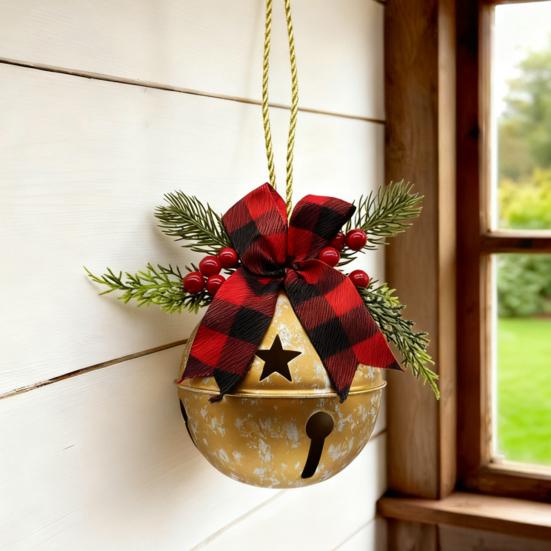 Christmas Bells Ornament Rustic Christmas Jingle Bell with Pine Needles Red Berries Plaid Bow Metal Sleigh Bell Farmhouse Xmas Tree Hanging Decor
