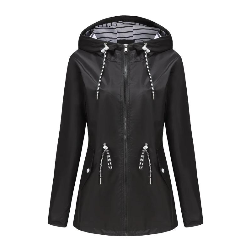 Red Waterproof Hooded Jacket Women Fashion Casual Coat Waist Drawstring Tie Zipper Switch Blue Green Yellow Black Windbreaker