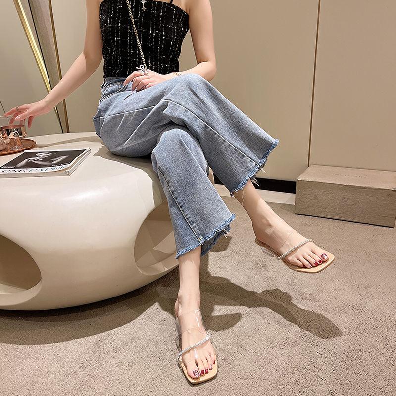 Rhinestone Square Head Middle Heel Sandals Casual Wear Cool Slippers 2025 Summer New Fairy Wind Transparent Sandals Internet Celebrities