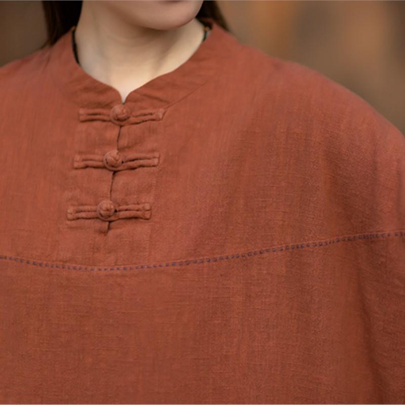 Johnature Women Vintage Shirts Tops Spring Chinese Style Solid Color Stand Long Sleeve Blouses