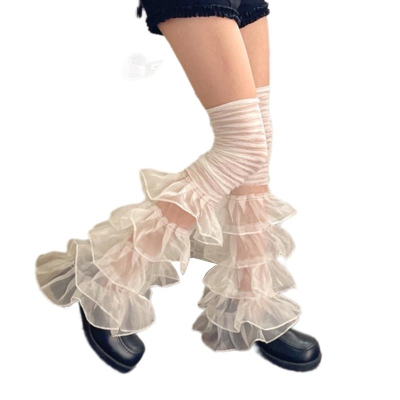 Women Ruffle Lace Leg Warmer Sweet Thigh High Socks Mesh Flared Leg Socks Princess Leg Sleeves Halloween Costumes