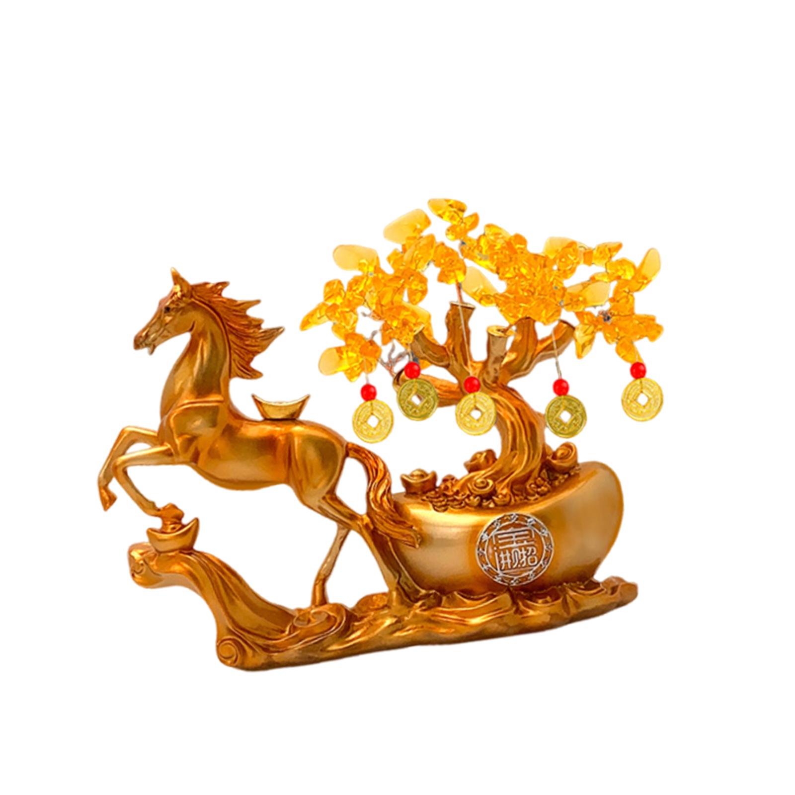 

Resin Money Tree Horse Figurine Feng Shui Desktop Ornament for Prosperity and Good Fortune in Any Room золотий