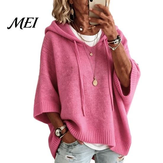 Fall Pullover Sweater Autumn Women Knit Sweater, Loose Fit Drawstring Hooded Solid Color 3/4 Sleeve Drop Shoulder Casual Long Tops