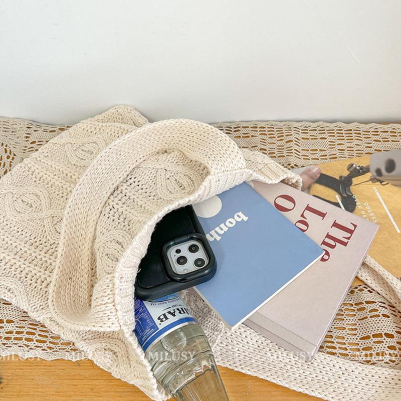 Yogodlns Women Hollow Out Knitted Tote Handbag Solid Color Top Handle Woven Beach Lightweight Elegant Portable Crochet Shoulder Bag