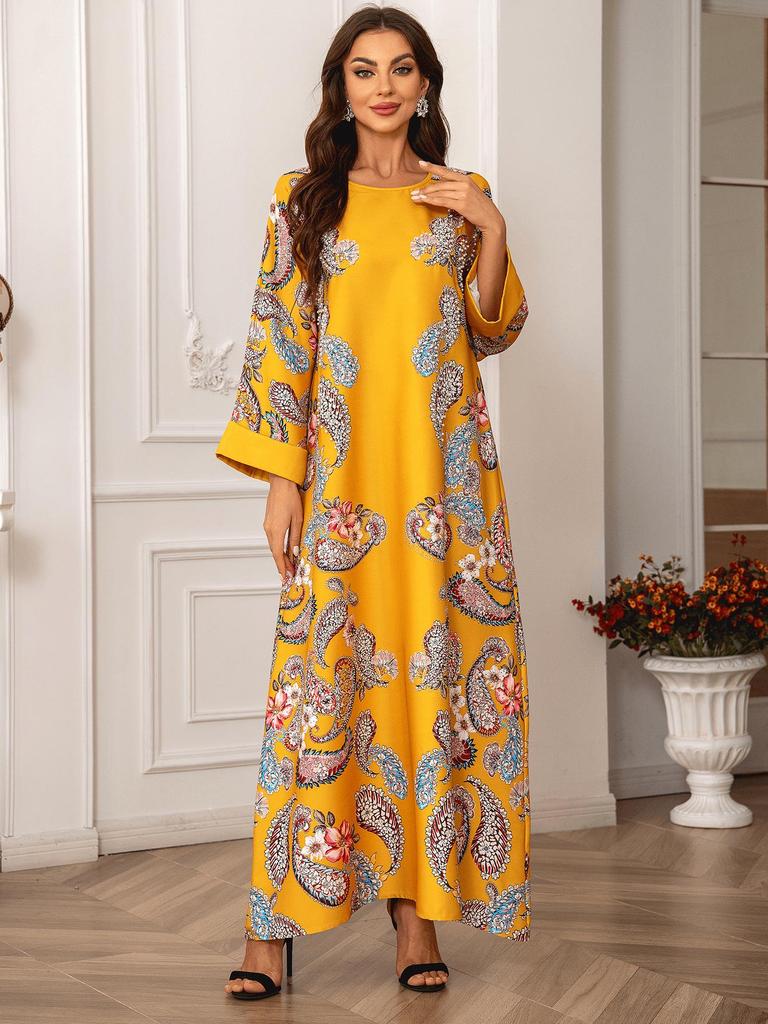 Robe Longue Musulmane pour Femmes Transfrontalière - Col Rond, Manches Longues, Florale, Design Perlé