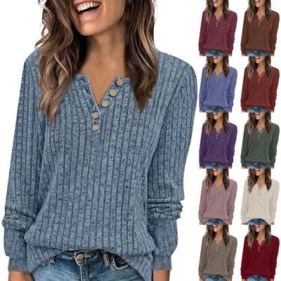 Women's Fashion Long Sleeve  T-Shirt Solid Color Button Decoration Top