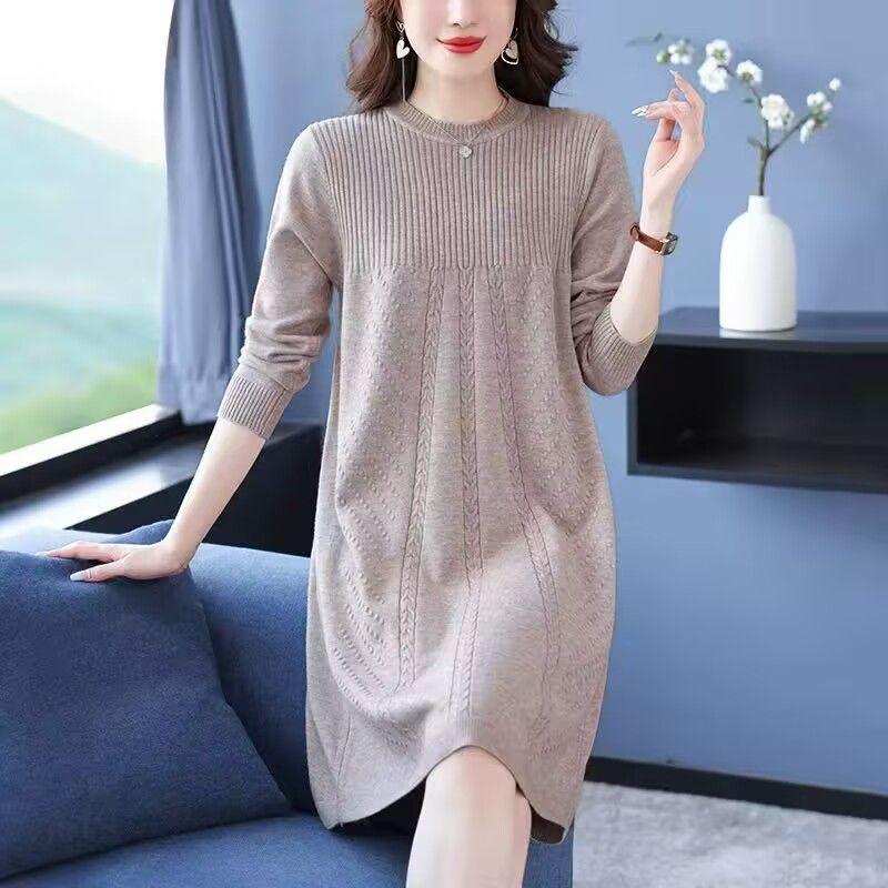 Korean Style Medium-Long Knit Dress for Spring/Autumn - Concealing Mother's Base Layer Wool Dress