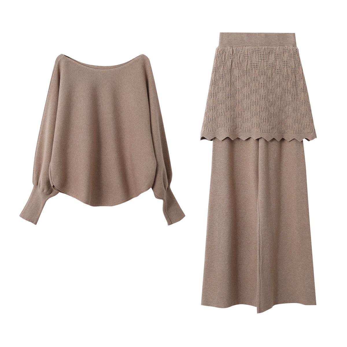 Korean Style Batwing Sleeve Sweater & Crochet Patchwork Pants Set One Size