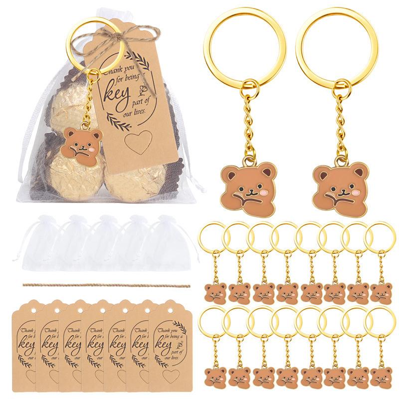 

20Set Baby Shower Favors Party Favors Bear Style Keychain With Organza Bags Thank You Kraft Tags And Rope For Guests Girls Boys коричневий