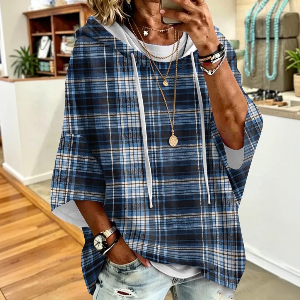 Women's Fashion Printed Loose Fit Hoodie with Three-Quarter Sleeves for Casual Everyday Wear