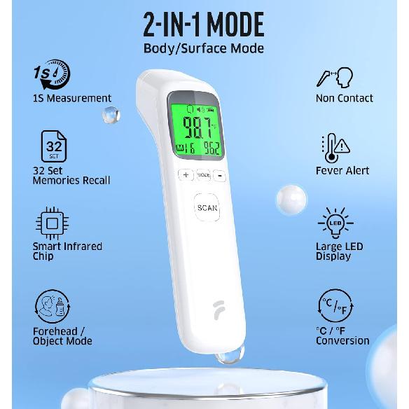 Thermometer for Adults and Kids, No-Touch Forehead Thermometer with Object Mode Function,Fever Alert and 32 Set Memory Recall,Instant Accurate