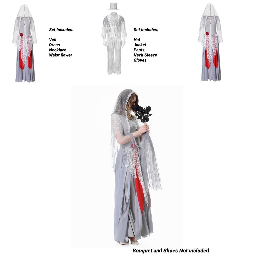 Ymkq Halloween Vampire Party Costume Adult Unisex White Ghost Bride And Groom Cosplay Performance Attire
