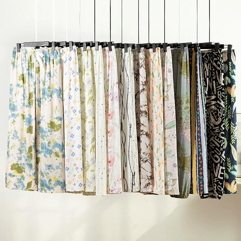 Pantaloni de pijama din bumbac mătase pentru femei, secțiune subțire de vară, anti-țânțari, pantaloni cu picior lat, culoare uni, pentru exterior, casă, petrecere a timpului liber, imprimeu, pantaloni de plajă până la genunchi