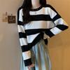 Korean Contrasting Round Neck Striped Long Sleeved Knitted Sweater Women's Autumn and Winter Slimming Loose Fitting Pullover Short Top