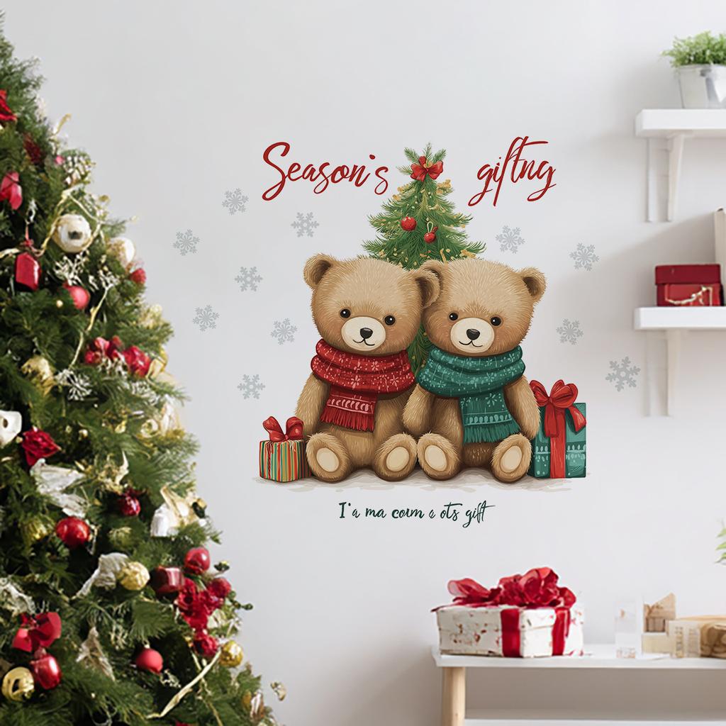 Christmas Cartoon Bear Christmas Tree Stickers, Christmas Room Decoration Wall Stickers