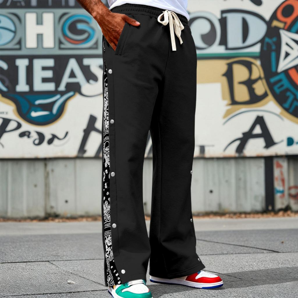 Men's High Street Trendy Pants Casual Color Wide Leg Trousers Basic Straight Outfits With Side Button