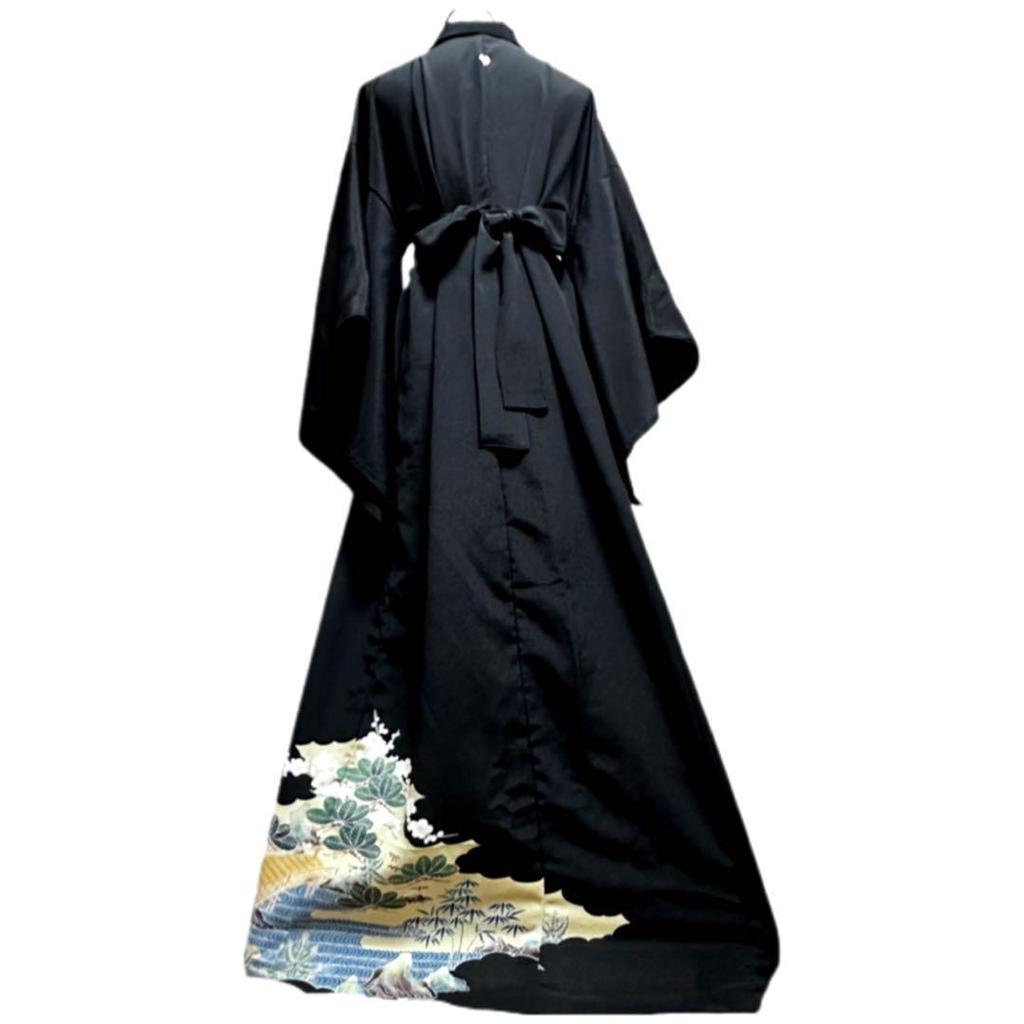 Used Tomesode Kimono Remake Dress, Kimono Sleeve Style, Japanese Pattern, One-piece Dress, Handmade, Houses and Flowers
