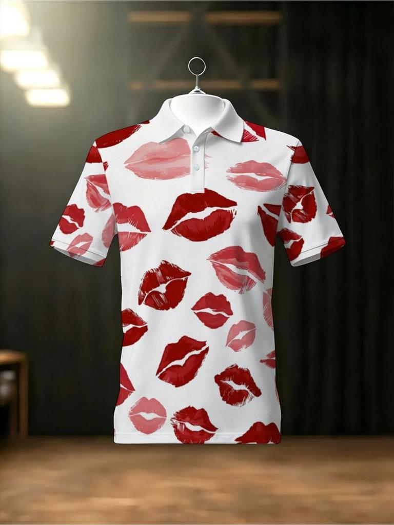 Men's Outdoor Polo Shirt, Mixed Color, Multiple Specs, Polyester, Lip Print (2D Print, No Texture), Artistic Brushstroke, Ideal for Hiking & Outdoor