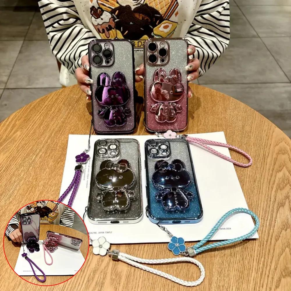 Luxury Glitter Rabbit Mirror Phone Case For Honor X6 X6S X7 X7A X8 X8A X8C 4G X8B X9 X9A Four Leaf Clover Hand Rope